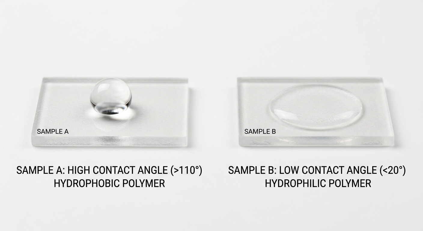 Comparison of high and low water contact angles on treated and untreated polymer surfaces
