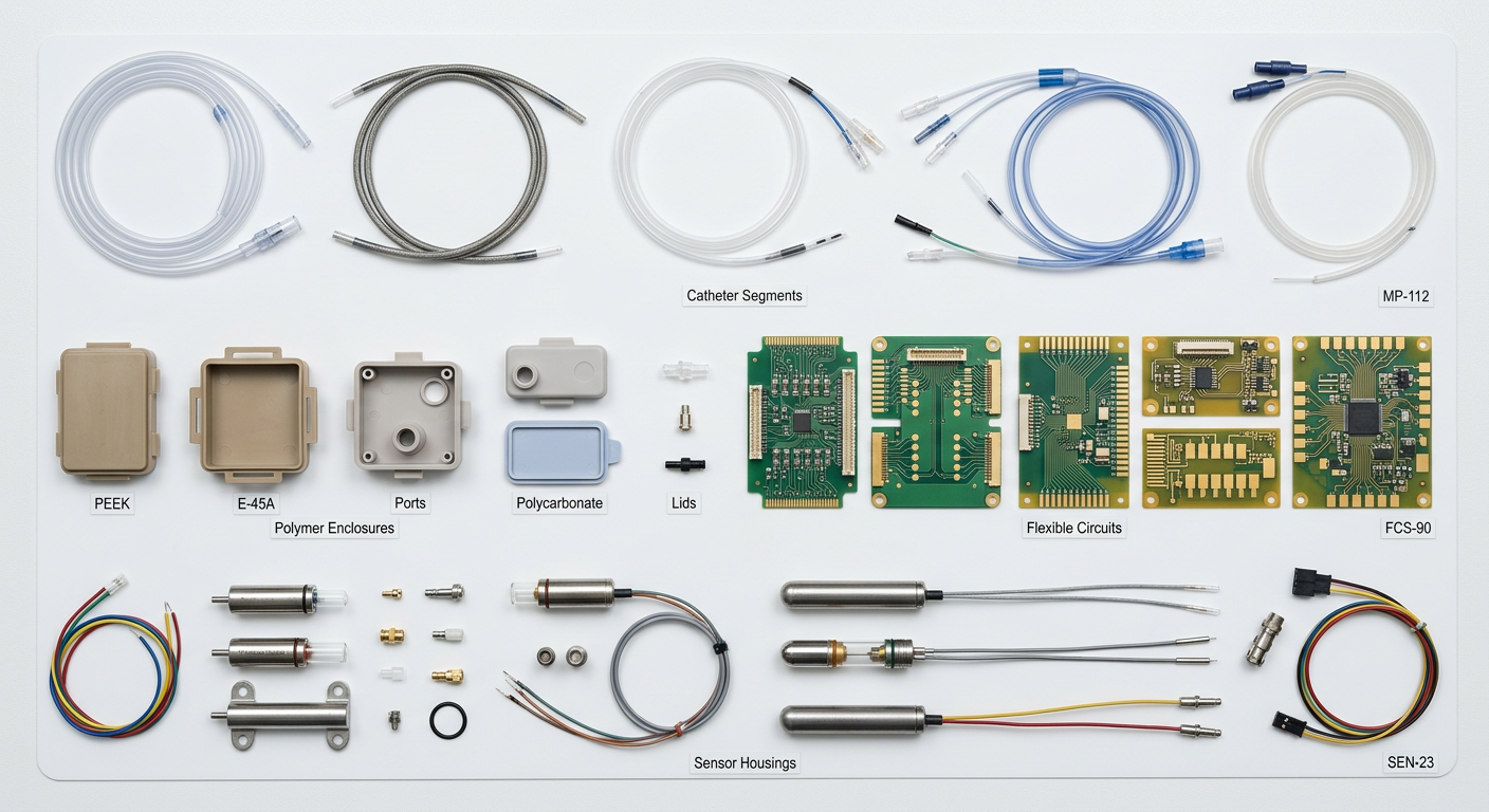 Assorted medical device components including catheters and polymer housings on a cleanroom surface