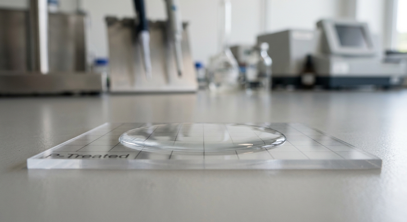 Water droplet spreading on plasma-activated polymer surface demonstrating increased surface energy
