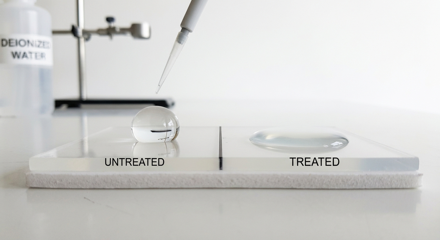 Water droplet contact angle comparison on treated and untreated polymer surfaces