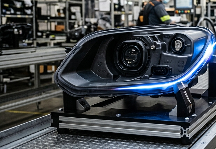 Robotic atmospheric plasma treatment of automotive headlamp housing on assembly line