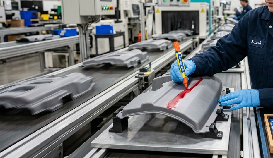 Technician performing dyne pen test on plasma-treated plastic part for quality control