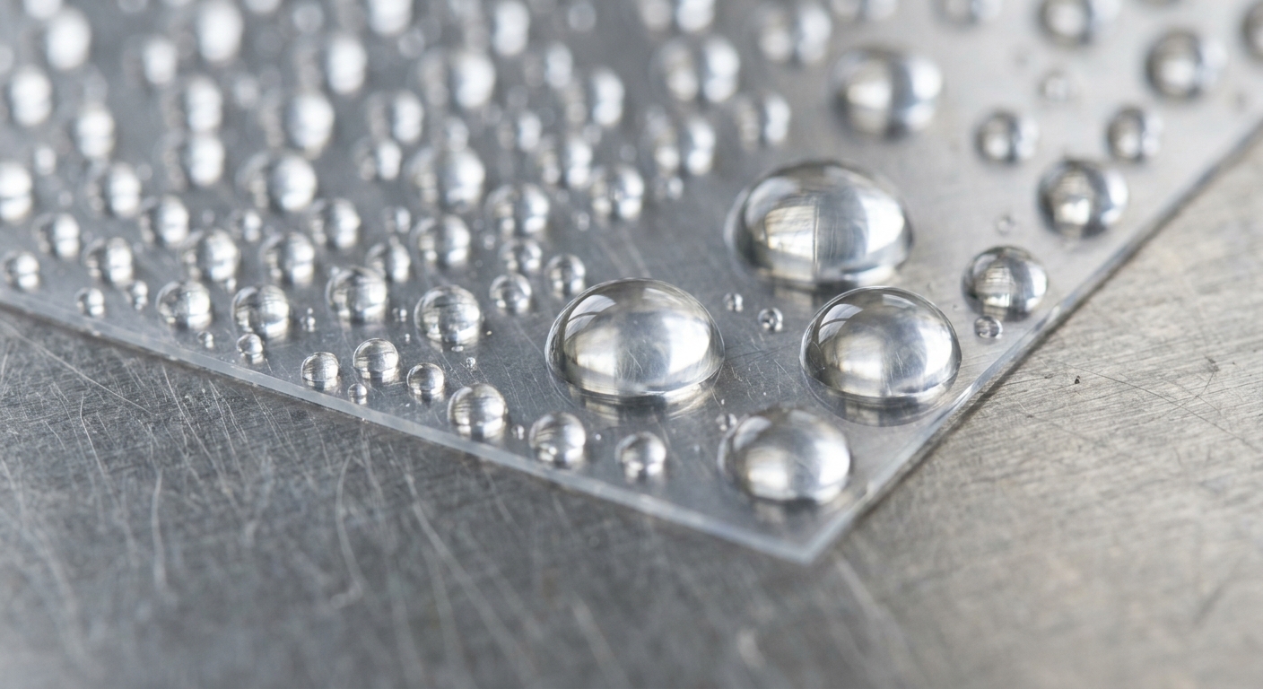 Water droplets beading on untreated polymer film showing low surface energy