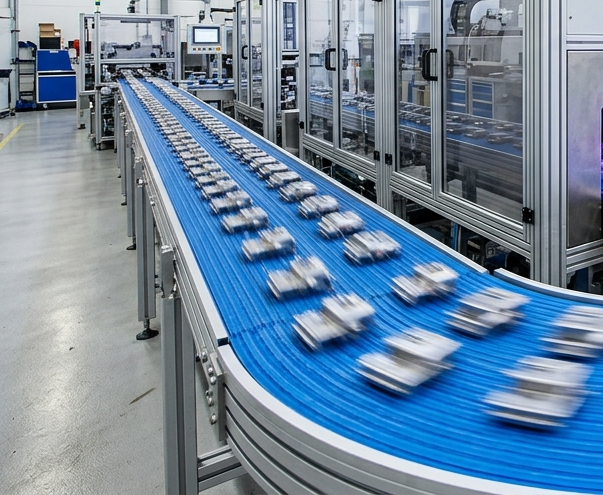 High-speed production conveyor with inline plasma treatment station processing parts continuously
