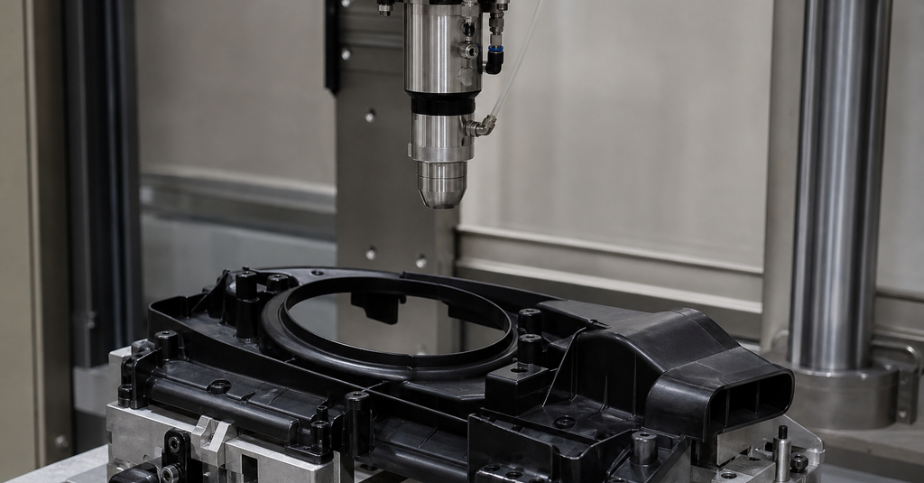Unbranded atmospheric treatment nozzle positioned above a complex molded automotive plastic housing