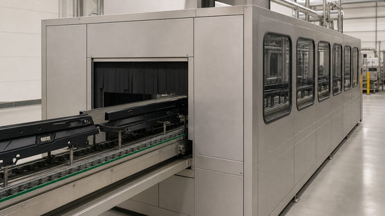 Automotive plastic trim components entering an unbranded enclosed surface-treatment station