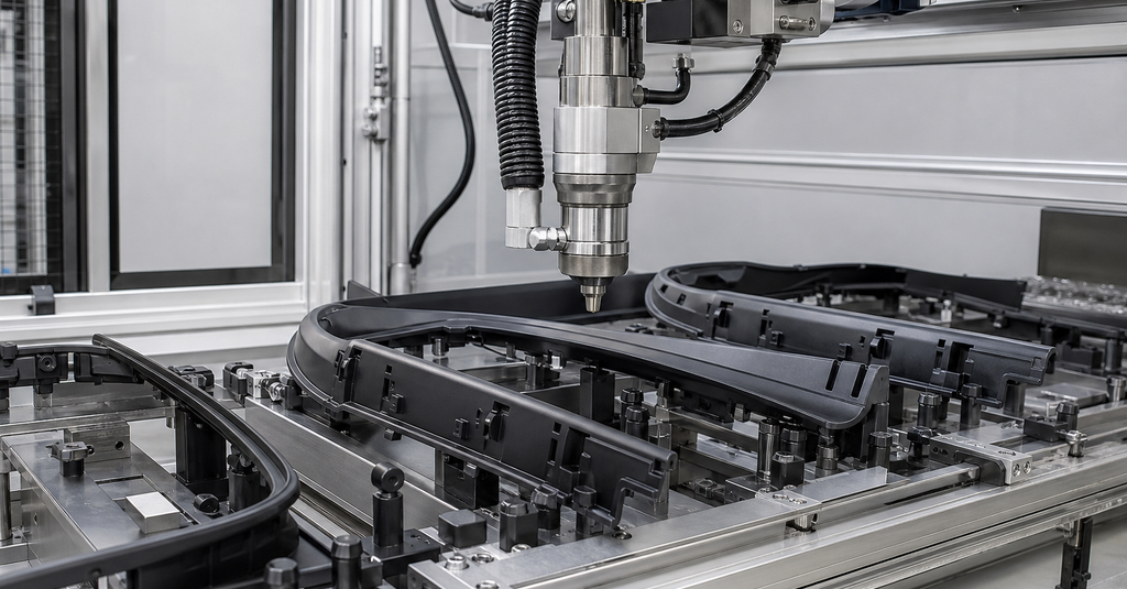 Unbranded automated treatment nozzle above automotive plastic trim components in precision fixtures
