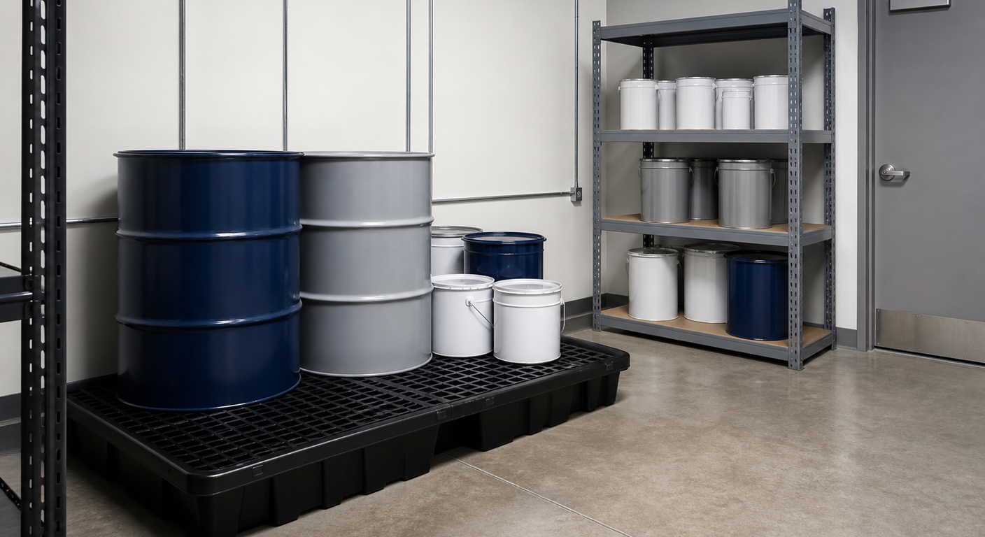 Plain sealed solvent and waste drums stored on secondary containment without labels or branding