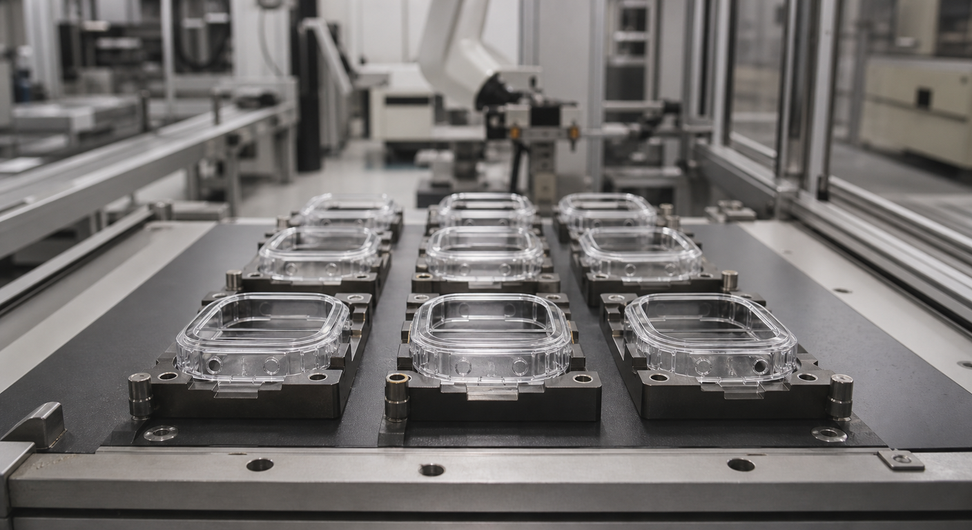 Clear wearable device housings aligned in unbranded production fixtures