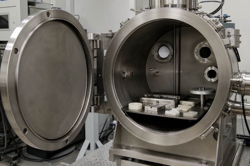 Small metal and polymer parts arranged inside an open low-pressure vacuum chamber