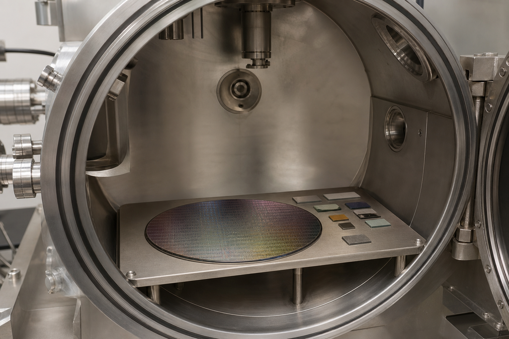 Semiconductor wafer and sample coupons arranged inside an open low-pressure vacuum chamber
